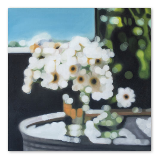 Still life art painted in a blurry bokeh style - daisies in a jar