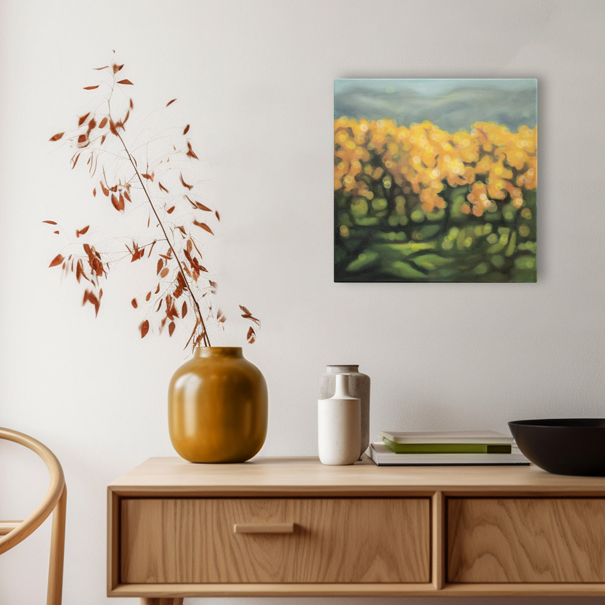 New Zealand vineyard painted in oils in a blurry bokeh style by NZ artist Mel McKenzie, The Penny Drops. Golden light in the autumn vines. Winery art from Central Otago.