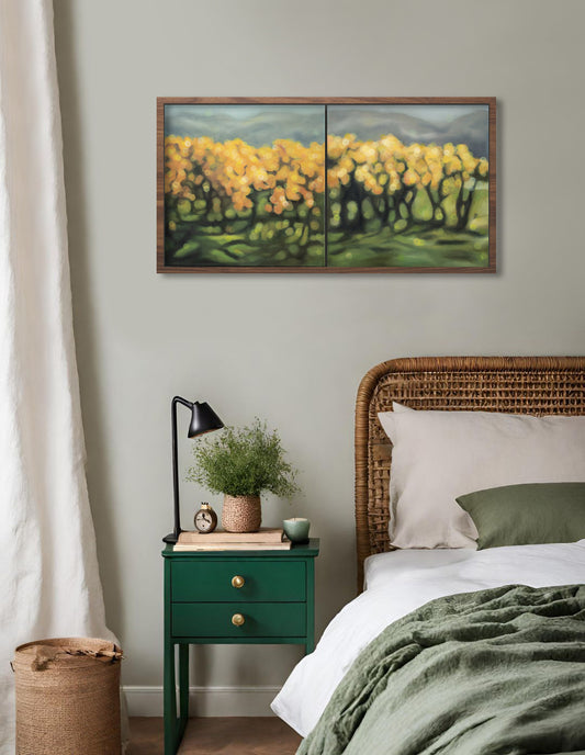 New Zealand vineyard painted in oils in a blurry bokeh style by NZ artist Mel McKenzie, The Penny Drops. Golden light in the autumn vines. Winery art from Central Otago.