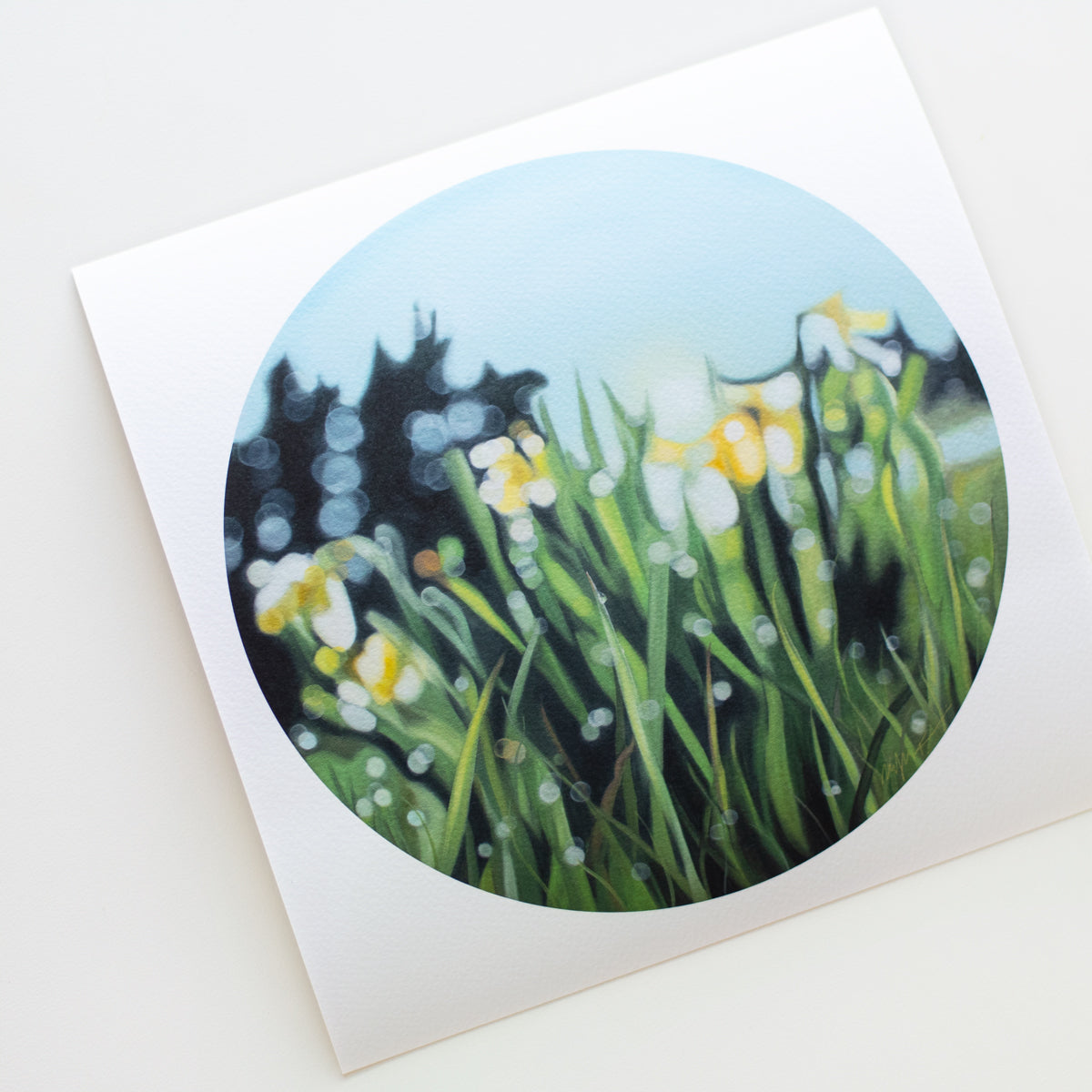 Spring daffodil flowers in a blurry bokeh style, this fine art print is fresh and yellow with green. Painted in a blurry bokeh style by New Zealand bokeh artist Mel McKenzie, The Penny Drops.