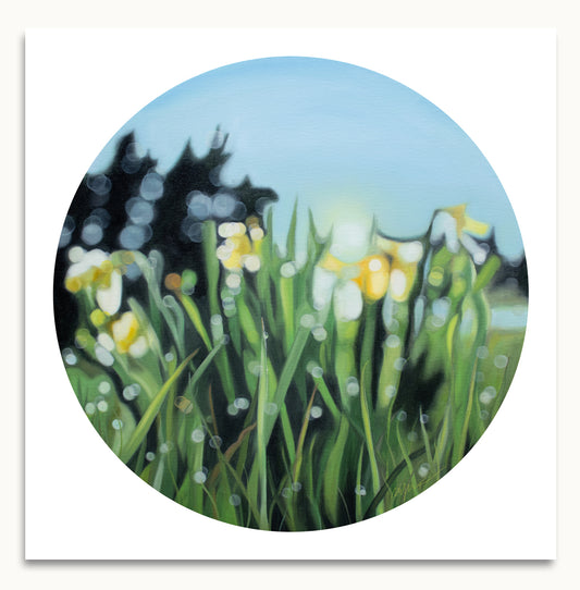 Spring daffodil flowers in a blurry bokeh style, this fine art print is fresh and yellow with green. Painted in a blurry bokeh style by New Zealand bokeh artist Mel McKenzie, The Penny Drops.