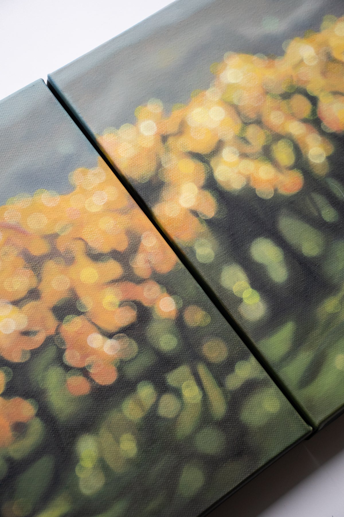 New Zealand vineyard painted in oils in a blurry bokeh style by NZ artist Mel McKenzie, The Penny Drops. Golden light in the autumn vines. Winery art from Central Otago.