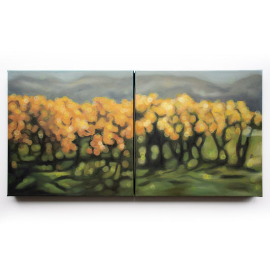 New Zealand vineyard painted in oils in a blurry bokeh style by NZ artist Mel McKenzie, The Penny Drops. Golden light in the autumn vines. Winery art from Central Otago.