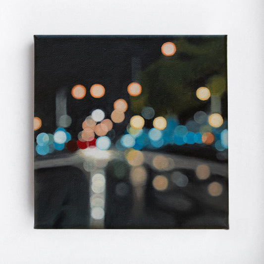 Blurry night time painting of Gore, New Zealand's main street. Bokeh lights. The Penny Drops.