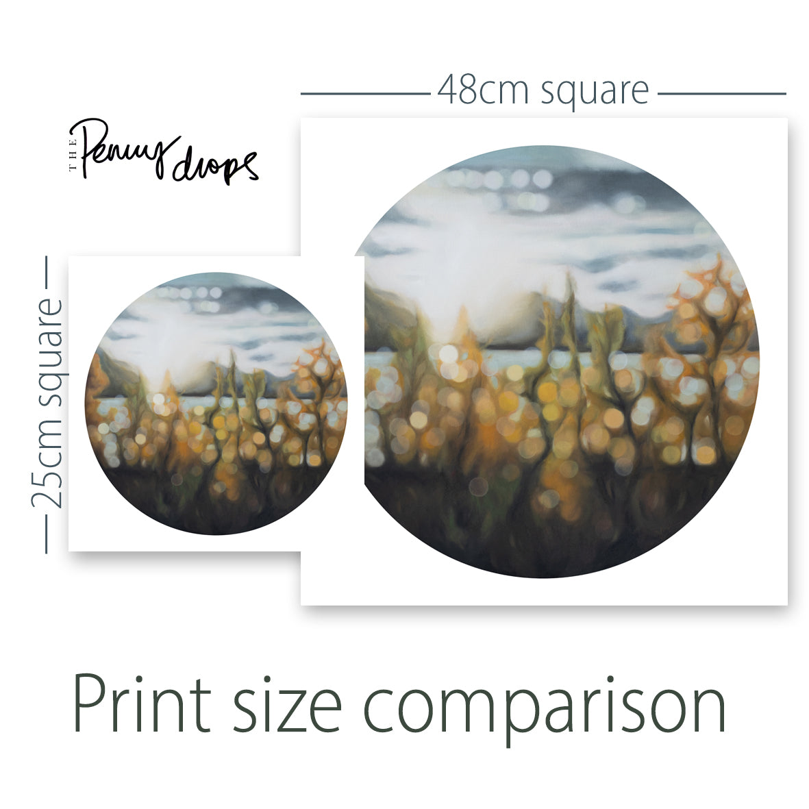Wanaka lakefront, fine art print in a blurry bokeh style. Autumn light on Lake Wanaka, New Zealand. Painted by New Zealand artist Mel McKenzie. Orange and rust tones. Round art on a square print.