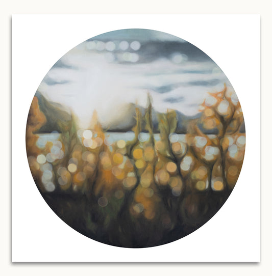 Wanaka lakefront, fine art print in a blurry bokeh style. Autumn light on Lake Wanaka, New Zealand. Painted by New Zealand artist Mel McKenzie. Orange and rust tones. Round art on a square print.
