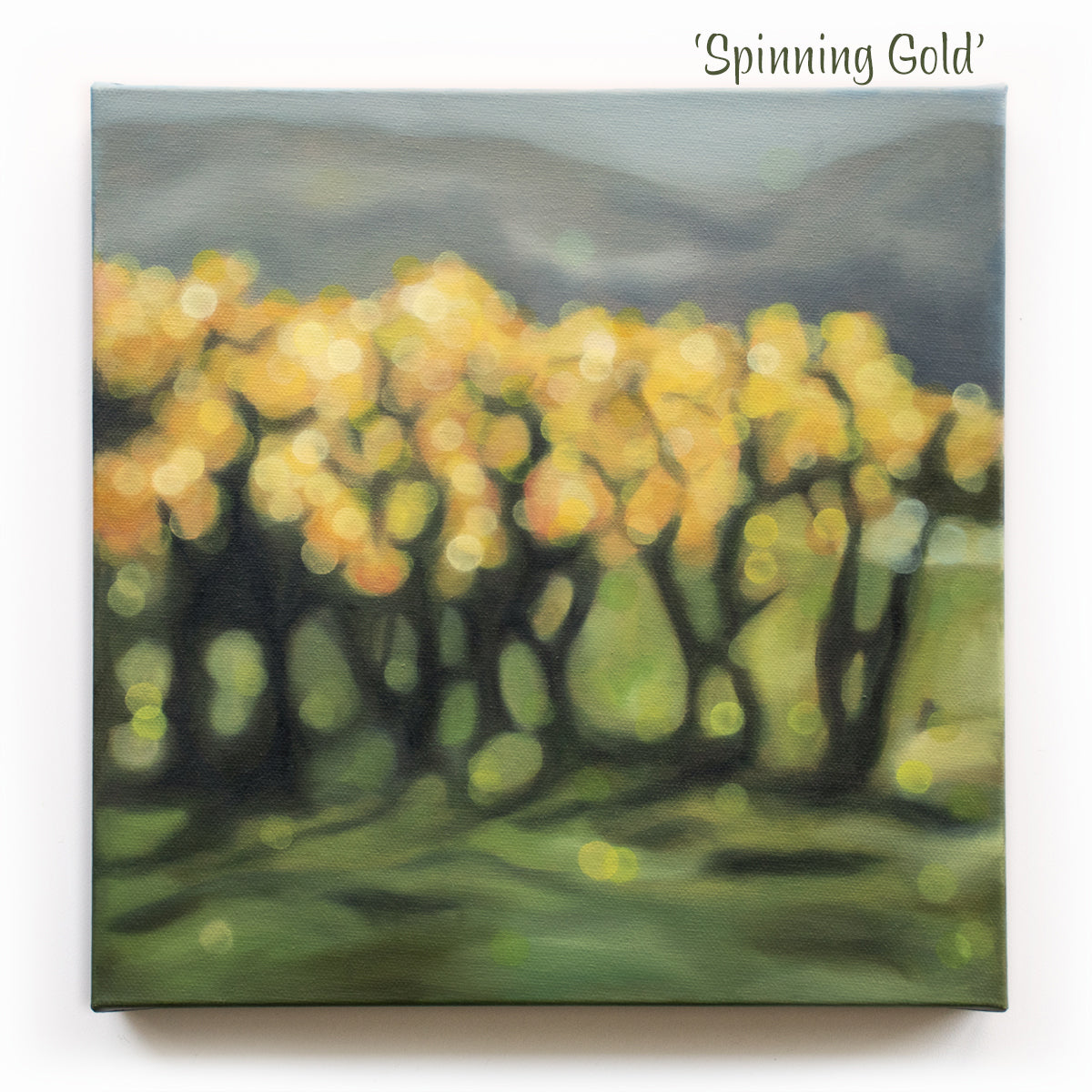 New Zealand vineyard painted in oils in a blurry bokeh style by NZ artist Mel McKenzie, The Penny Drops. Golden light in the autumn vines. Winery art from Central Otago.