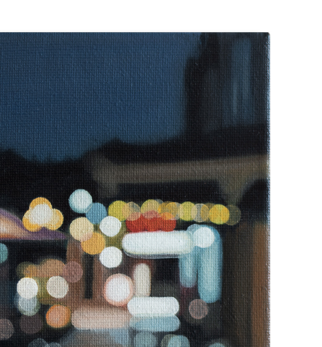 Wanaka New Zealand, lakefront drive cafe. Painted in a blurry bokeh style on a small canvas framed in wood frame. Lights of the street and stores. Art by New Zealand artist Mel McKenzie, The Penny Drops.