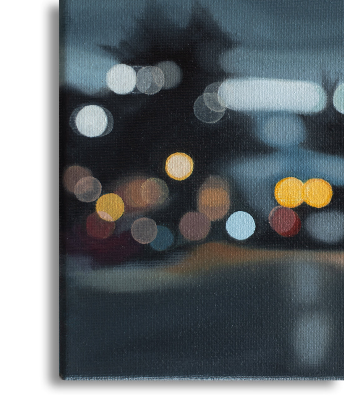 Wanaka New Zealand, Helmore street view towards lake. Painted in a blurry bokeh style on a small canvas framed in wood frame. Lights of the street and cars. Art by New Zealand artist Mel McKenzie, The Penny Drops.