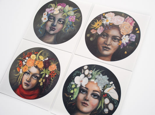 The Four Seasons: Set of 4 seasons botanical portrait prints