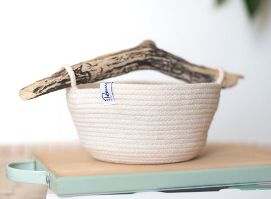 Cotton rope caddy basket with driftwood handle