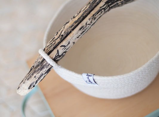 Cotton rope caddy basket with driftwood handle