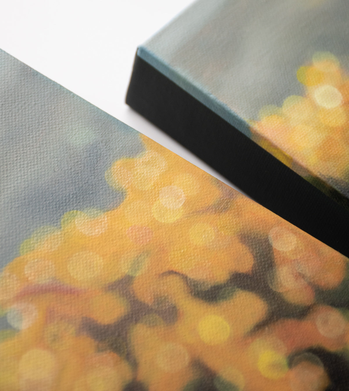 New Zealand vineyard painted in oils in a blurry bokeh style by NZ artist Mel McKenzie, The Penny Drops. Golden light in the autumn vines. Winery art from Central Otago.