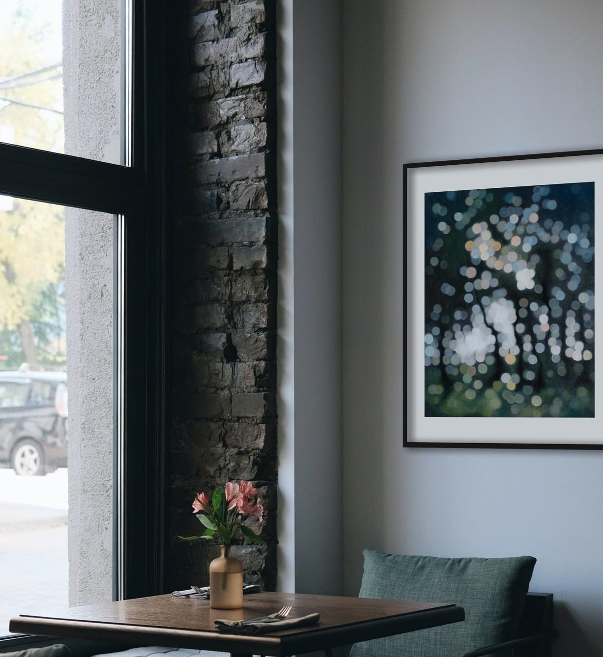 The Penny Drops bokeh art hanging in cafe 