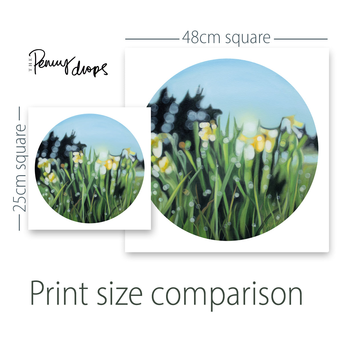 Spring daffodil flowers in a blurry bokeh style, this fine art print is fresh and yellow with green. Painted in a blurry bokeh style by New Zealand bokeh artist Mel McKenzie, The Penny Drops.