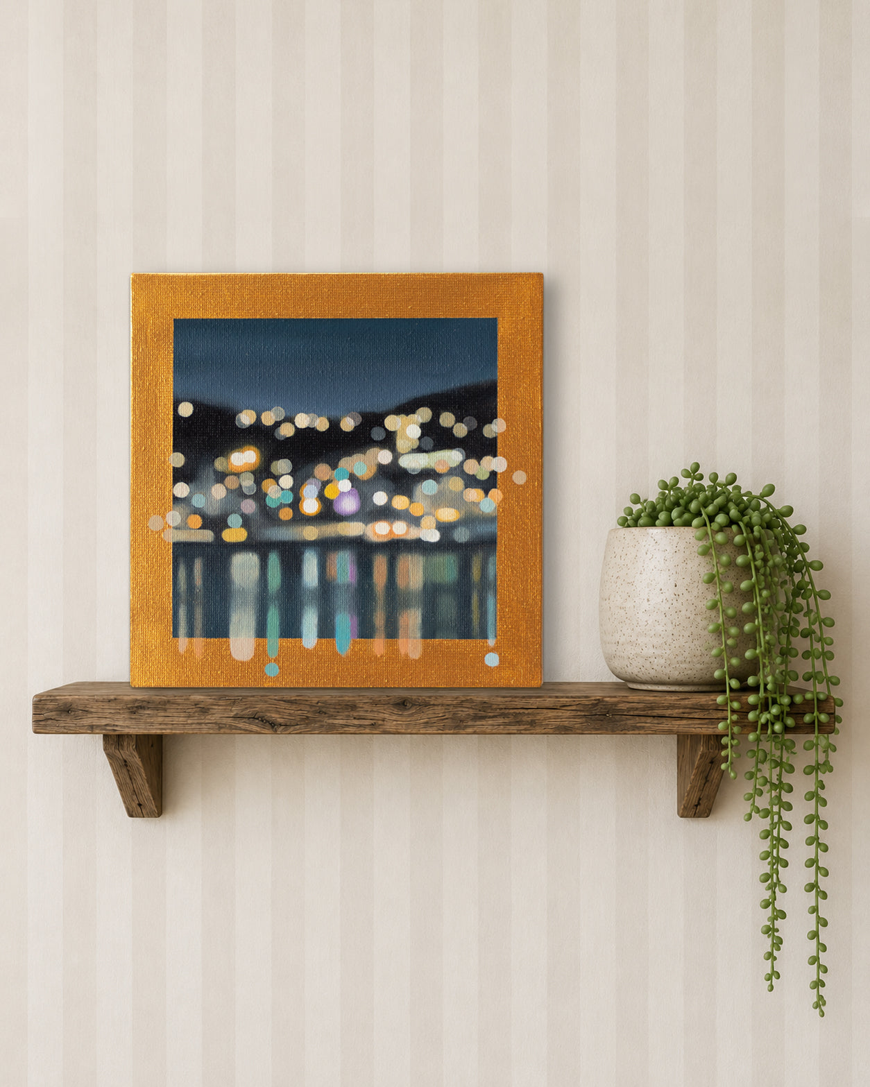 Small original oil painting - Harbour Lights at night