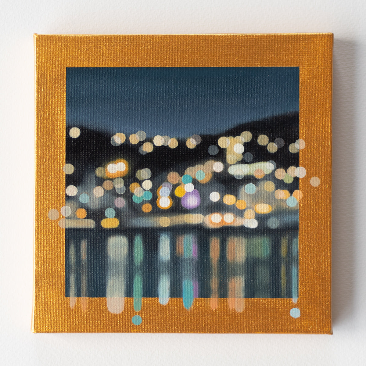 Small original oil painting - Harbour Lights at night