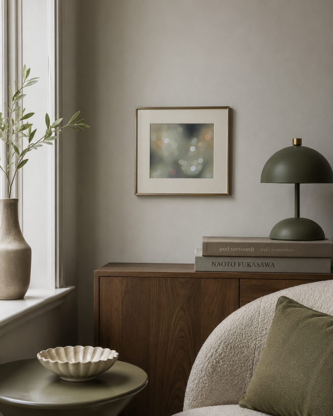 Cosy modern living room with a wooden cabinet, books, a lamp, and a vase. Abstract bokeh art on the wall.