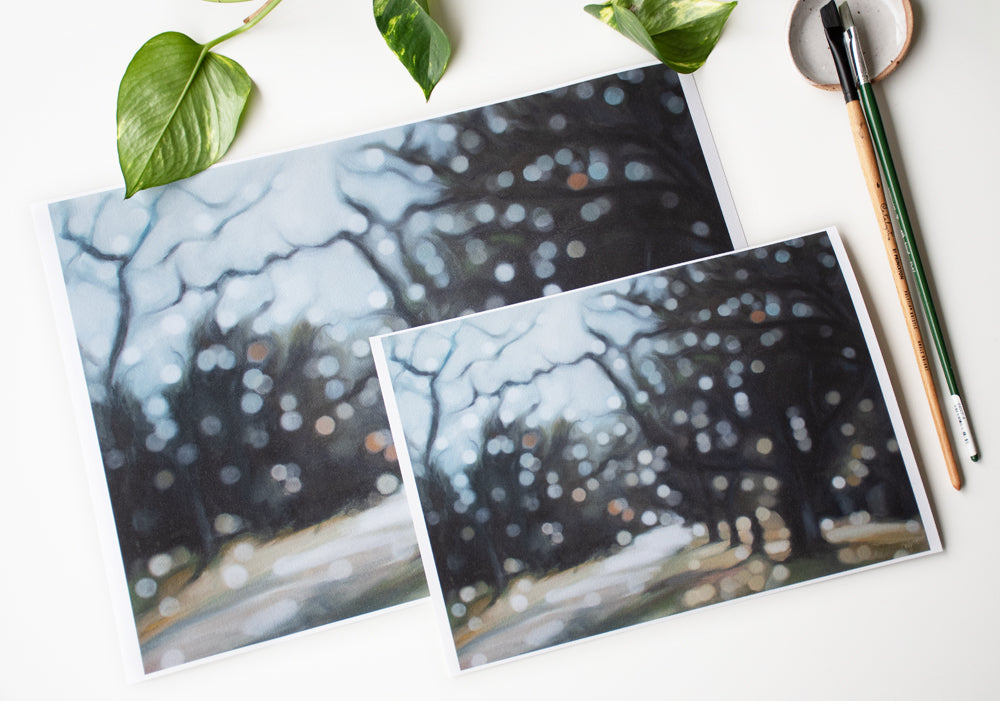 Available in 2 sizes (A4 and A3), this painting of Queens Park in Invercargill New Zealand captures winter light through the trees